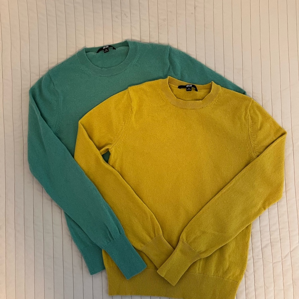 2 100% Cashmere Uniqlo Women’s Crewneck Sweaters in Yellow and Teal